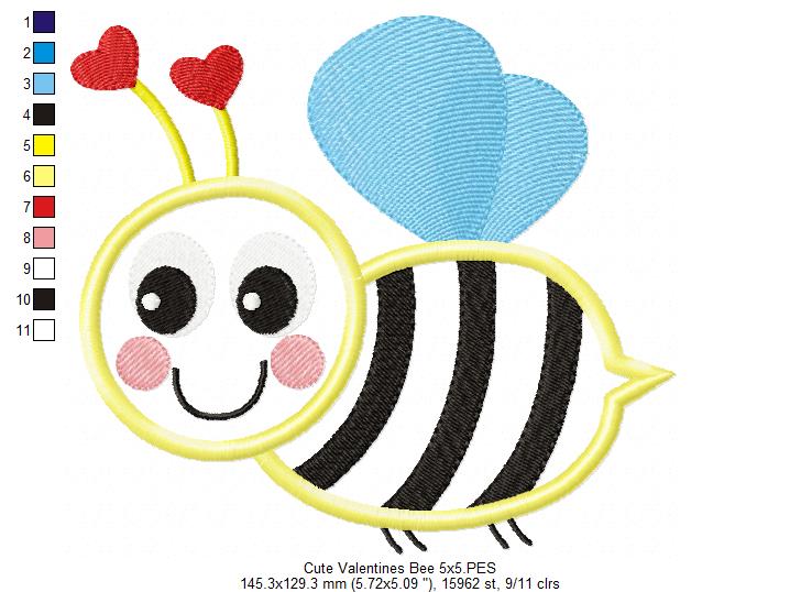 Cute Valentines Bumble Bee - Applique - Machine Embroidery Design