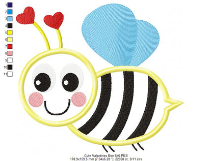 Cute Valentines Bumble Bee - Applique - Machine Embroidery Design