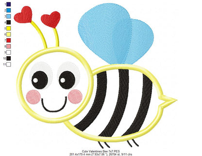 Cute Valentines Bumble Bee - Applique - Machine Embroidery Design