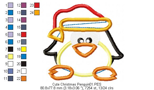 Cute Christmas Penguin  - Applique - Machine Embroidery Design