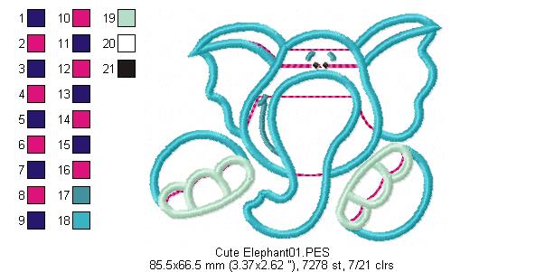 Cute Elephant - Applique - Machine Embroidery Design