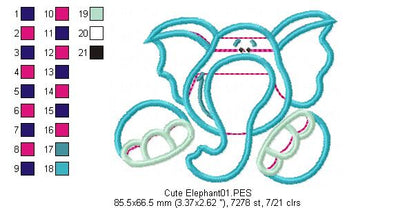 Cute Elephant - Applique - Machine Embroidery Design