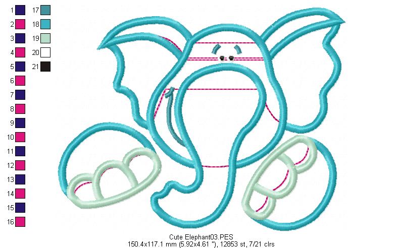 Cute Elephant - Applique - Machine Embroidery Design