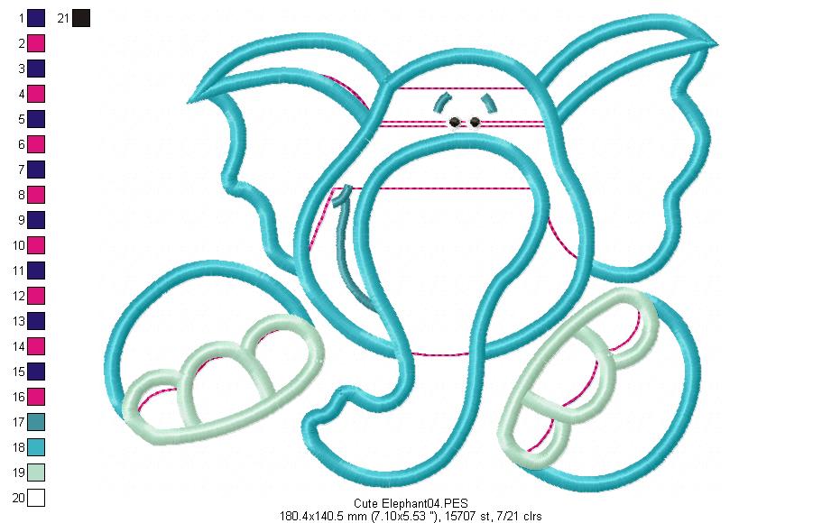 Cute Elephant - Applique - Machine Embroidery Design