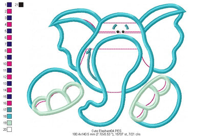 Cute Elephant - Applique - Machine Embroidery Design