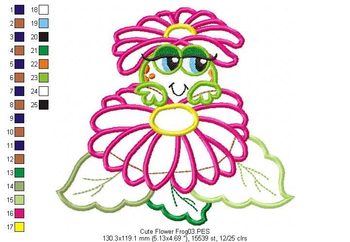 Flower Frog - Applique - Machine Embroidery Design