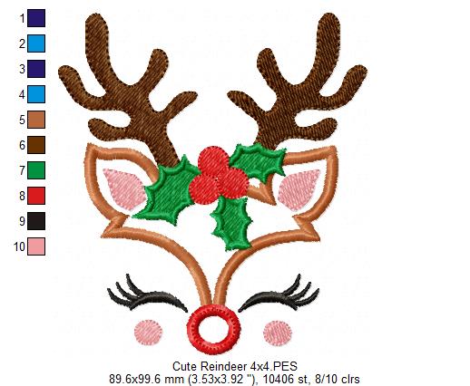 Cute Christmas Rudolph Reindeer - Applique Embroidery