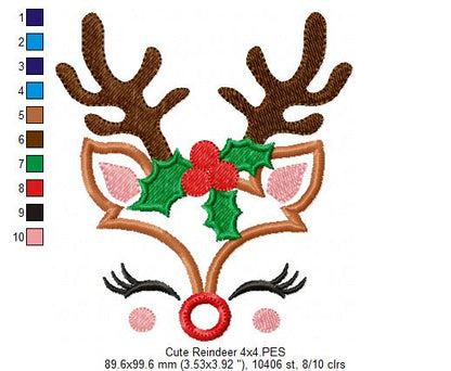 Cute Christmas Rudolph Reindeer - Applique Embroidery