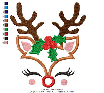 Cute Christmas Rudolph Reindeer - Applique Embroidery