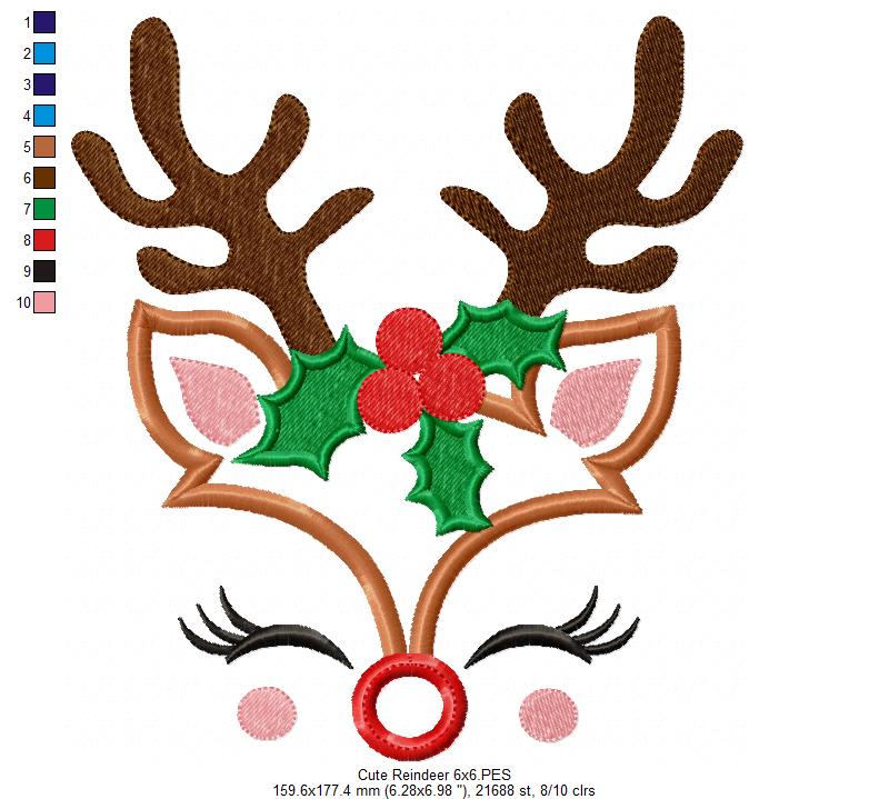 Cute Christmas Rudolph Reindeer - Applique Embroidery