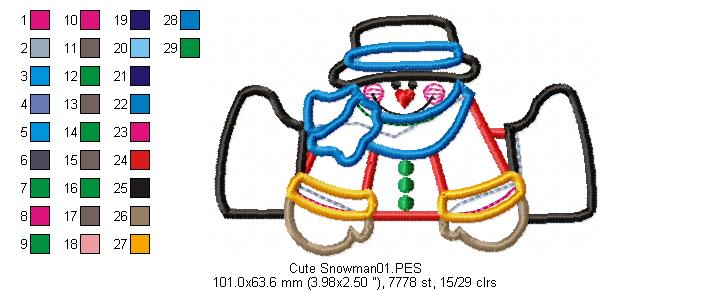 Cute Snowman - Applique - Machine Embroidery Design