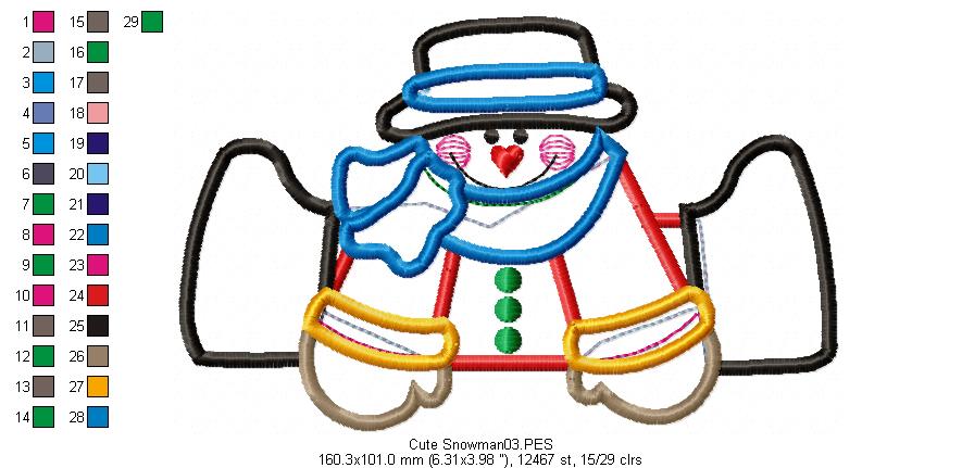 Cute Snowman - Applique - Machine Embroidery Design