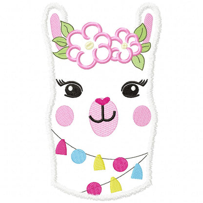 Cute Llama Face with Flowers - Applique