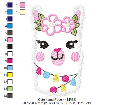 Cute Llama Face with Flowers - Applique