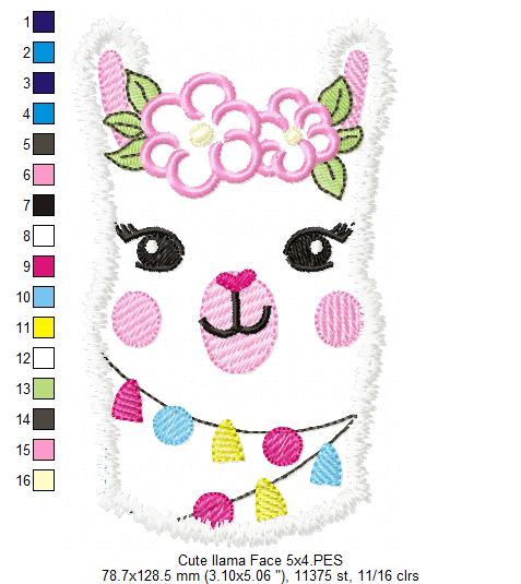 Cute Llama Face with Flowers - Applique