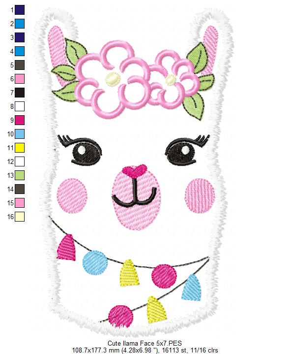 Cute Llama Face with Flowers - Applique