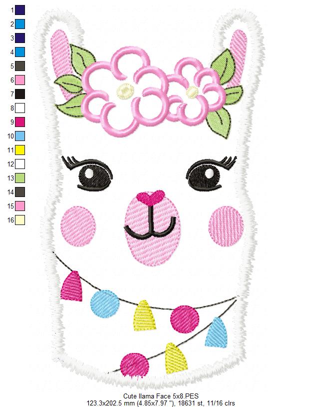 Cute Llama Face with Flowers - Applique