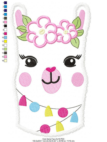 Cute Llama Face with Flowers - Applique
