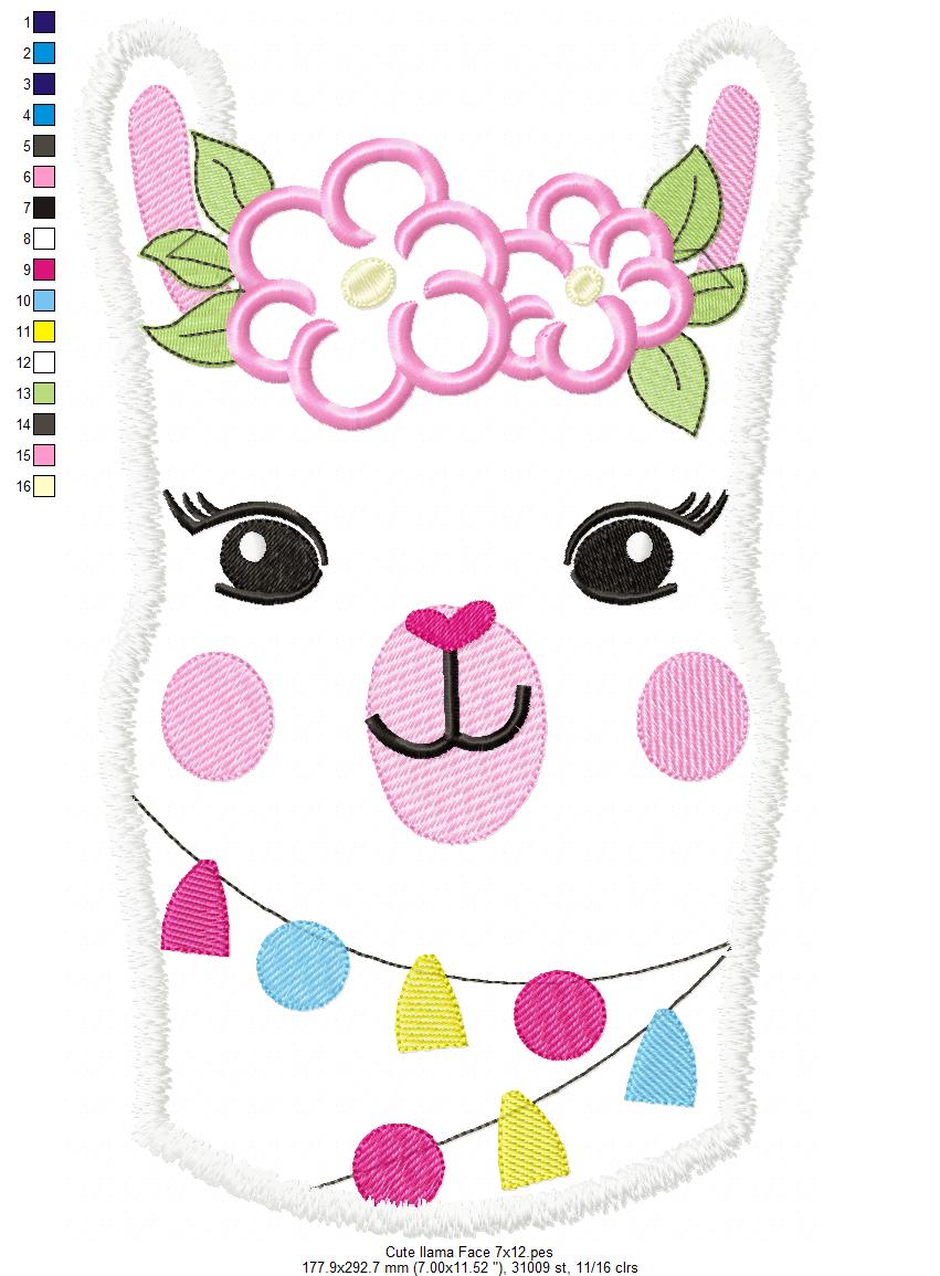 Cute Llama Face with Flowers - Applique