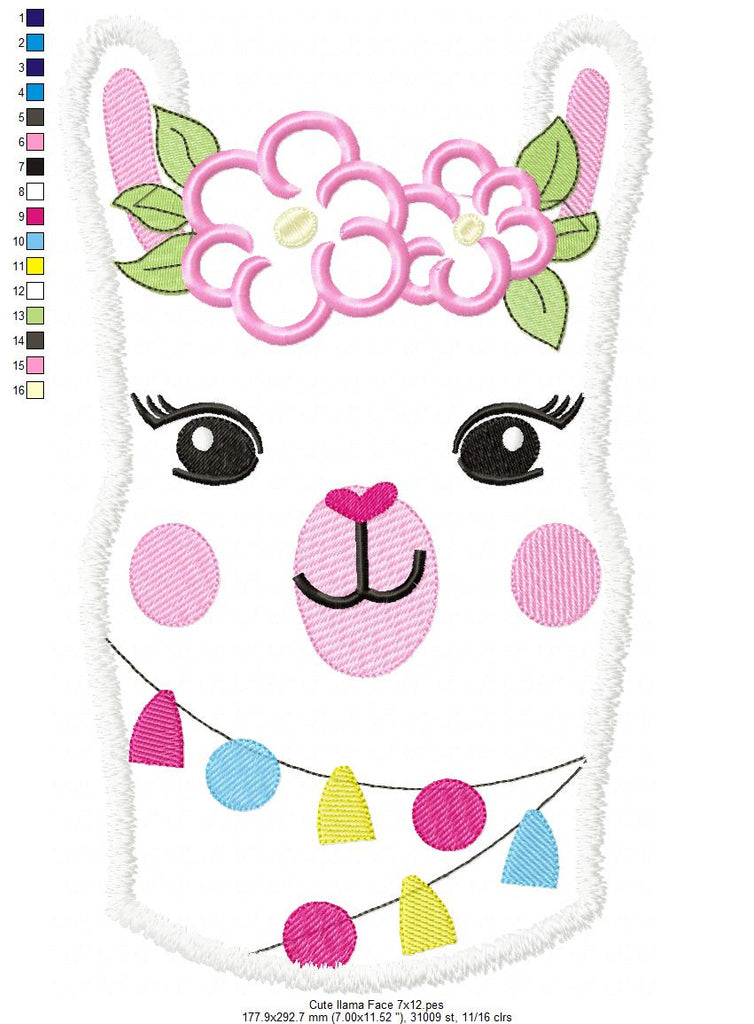 Cute Llama Face with Flowers - Applique