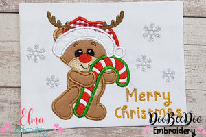 Candy Cane Reindeer Merry Christmas - Applique Embroidery