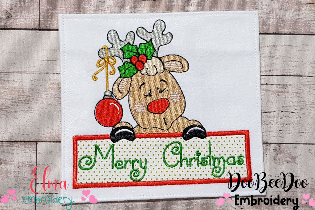 Merry Christmas Rudolph Reindeer - Applique - Machine Embroidery Design