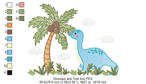 Dinosaur and Coconut Tree - Rippled Stitch - Machine Embroidery Design