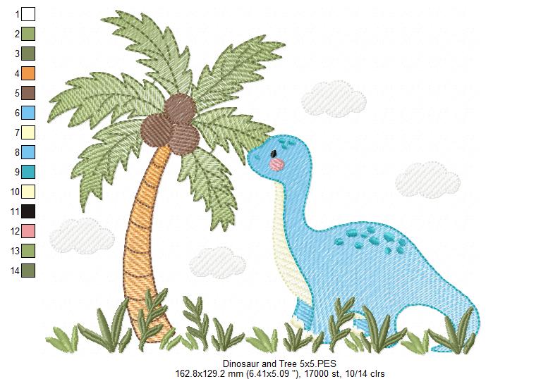 Dinosaur and Coconut Tree - Rippled Stitch - Machine Embroidery Design