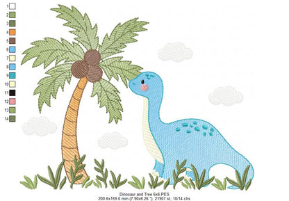 Dinosaur and Coconut Tree - Rippled Stitch - Machine Embroidery Design