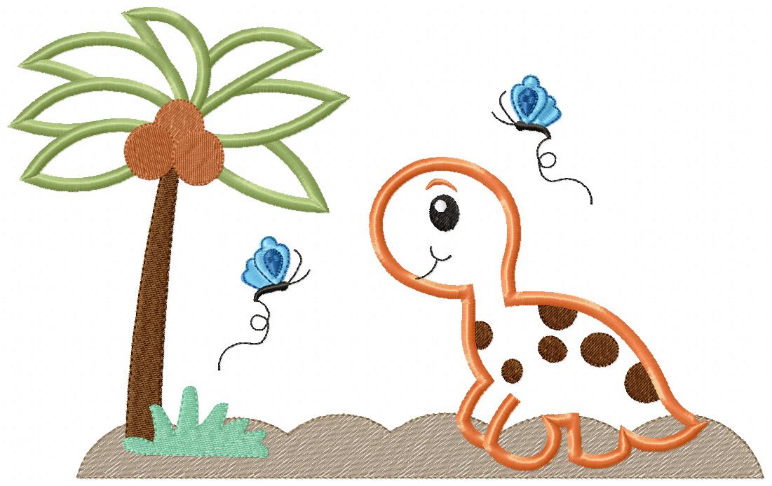 Dinosaur, Tree and Butterflies - Applique - Machine Embroidery Design