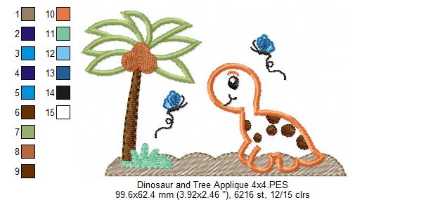 Dinosaur, Tree and Butterflies - Applique - Machine Embroidery Design