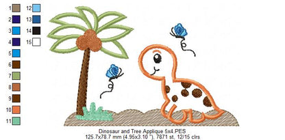 Dinosaur, Tree and Butterflies - Applique - Machine Embroidery Design