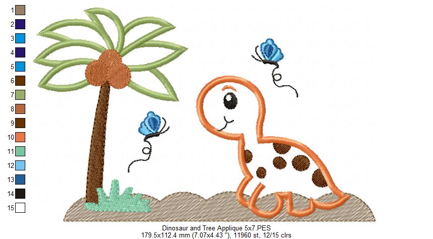 Dinosaur, Tree and Butterflies - Applique - Machine Embroidery Design
