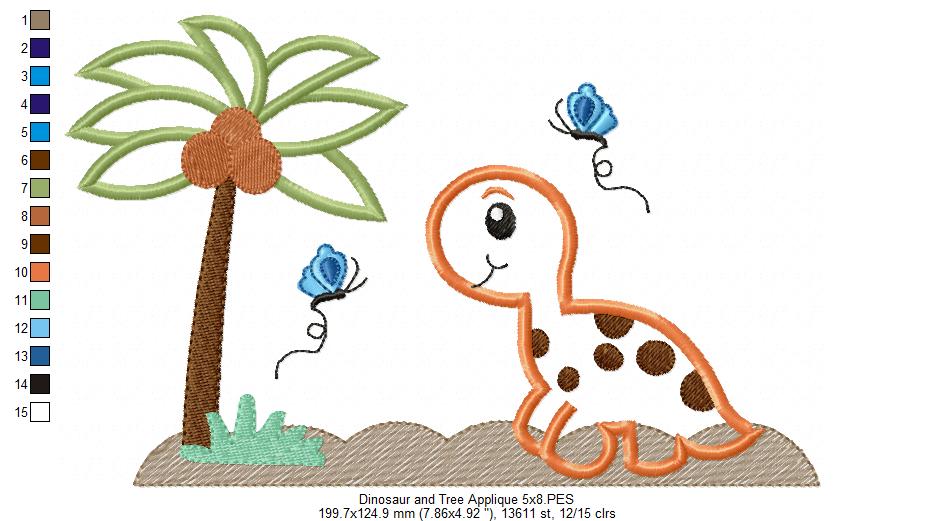 Dinosaur, Tree and Butterflies - Applique - Machine Embroidery Design
