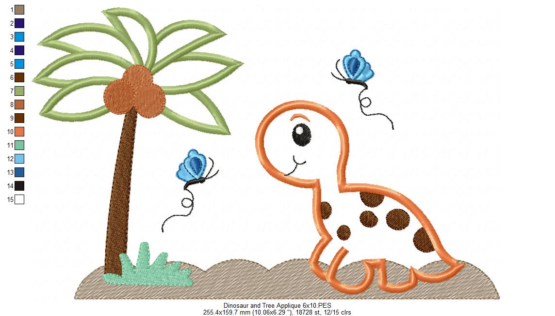Dinosaur, Tree and Butterflies - Applique - Machine Embroidery Design