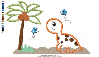 Dinosaur, Tree and Butterflies - Applique - Machine Embroidery Design