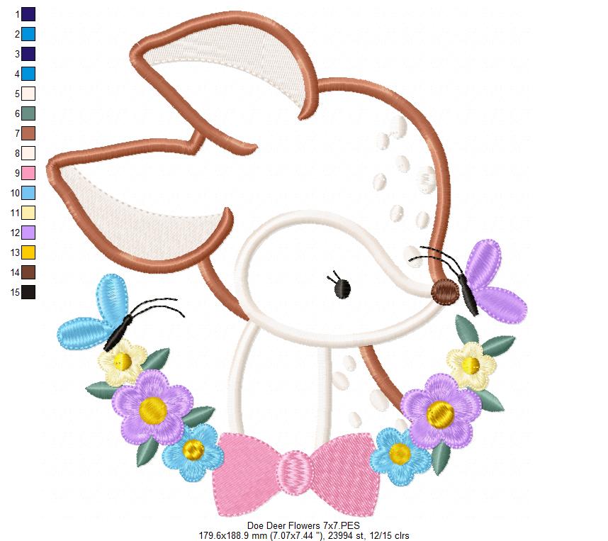 Doe Flowers Little Deer - Applique - Machine Embroidery Design