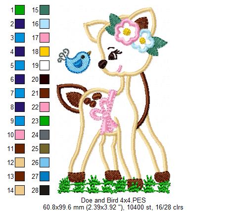 Doe Girl and Bird - Applique
