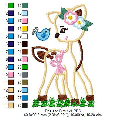 Doe Girl and Bird - Applique