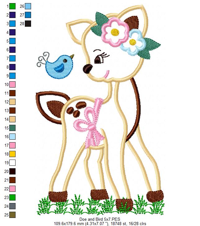 Doe Girl and Bird - Applique