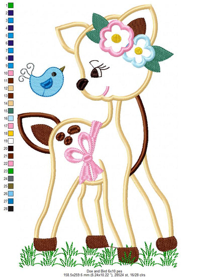 Doe Girl and Bird - Applique