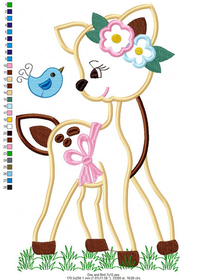 Doe Girl and Bird - Applique