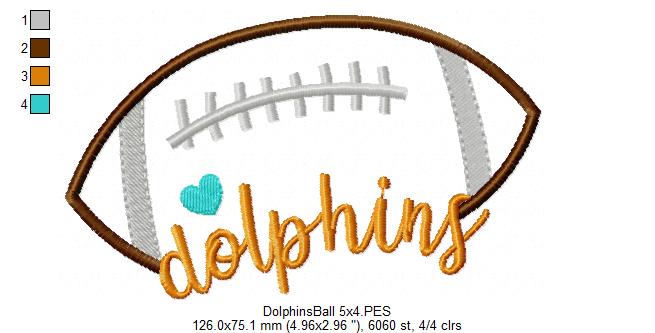 Dolphins Football Heart – Satin Stitch – Machine Embroidery Design
