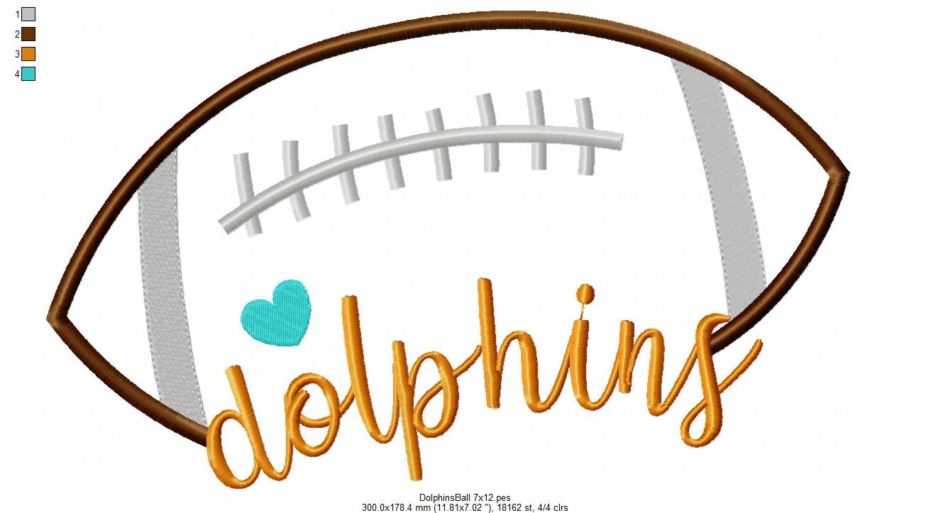 Dolphins Football Heart – Satin Stitch – Machine Embroidery Design