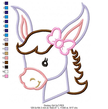 Sweet Donkey Girl - Appliqué - Machine Embroidery Design