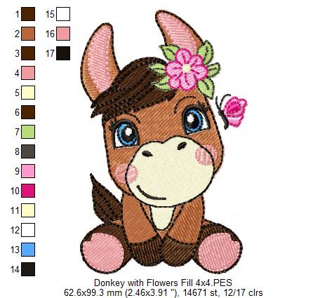 Sweet Donkey with Flowers - Fill Stitch - Machine Embroidery Design