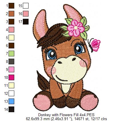 Donkey Girl with Flowers - Fill Stitch - Machine Embroidery Design