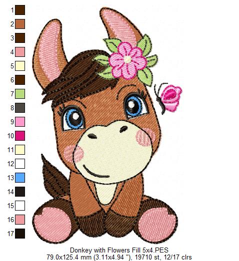 Sweet Donkey with Flowers - Fill Stitch - Machine Embroidery Design