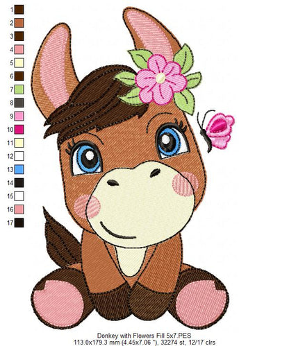 Sweet Donkey with Flowers - Fill Stitch - Machine Embroidery Design