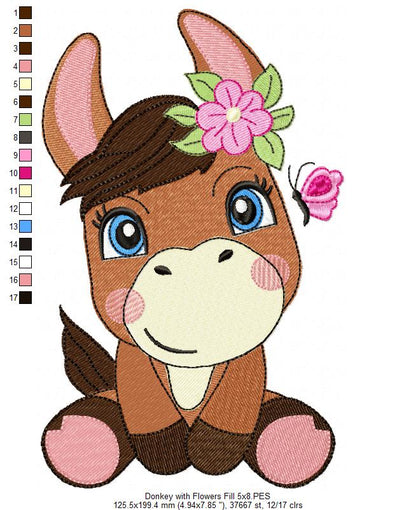 Sweet Donkey with Flowers - Fill Stitch - Machine Embroidery Design